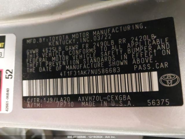 4T1F31AK7NU586683 Toyota Camry Xle Hybrid