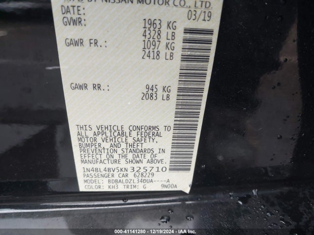 Nissan Altima 2.5 S 2019 1N4BL4BV5KN325710 Image 9