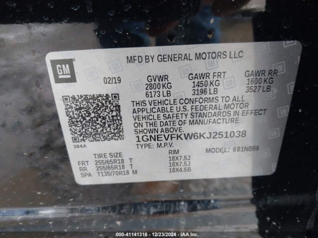 1GNEVFKW6KJ251038 Chevrolet Traverse Ls