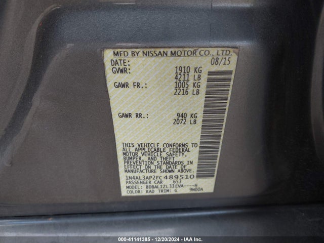 Nissan Altima 2.5 Sv 2015 1N4AL3AP2FC489510 Image 9
