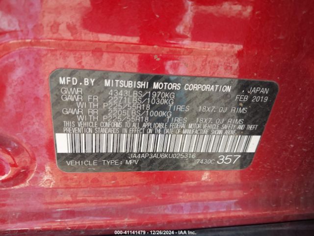 JA4AP3AU6KU025316 Mitsubishi Outlander Sport 2.0 Le