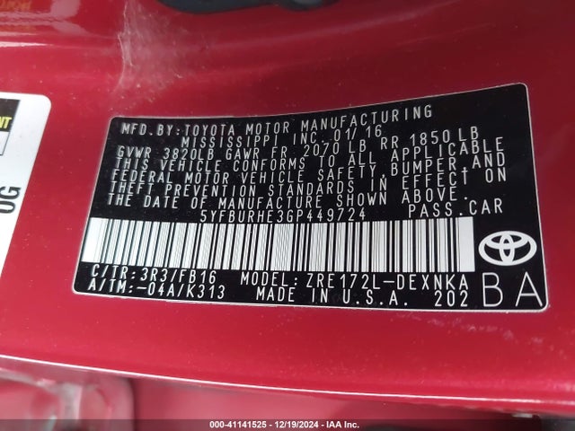 Toyota Corolla Le Plus 2016 5YFBURHE3GP449724 Image 9