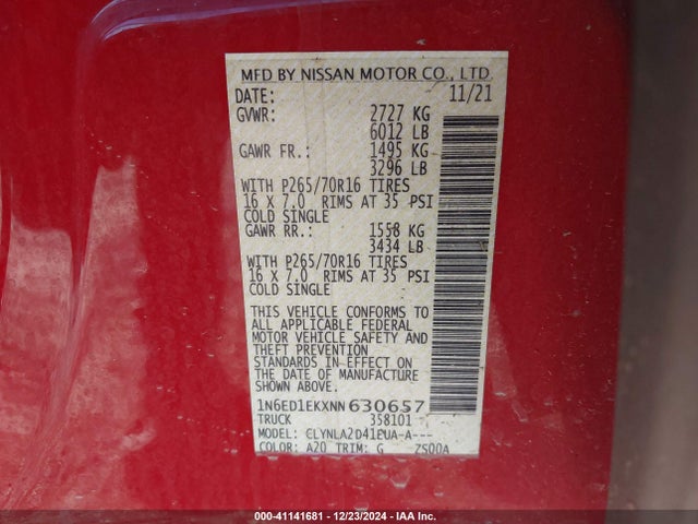 1N6ED1EKXNN630657 Nissan Frontier S 4x4