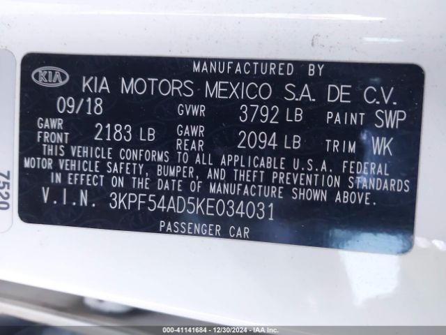 3KPF54AD5KE034031 KIA FORTE EX