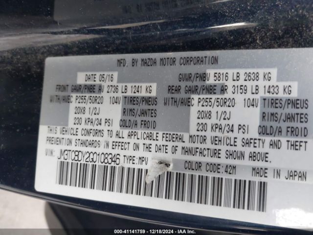 JM3TCBDY2G0108346 Mazda Cx-9 Grand Touring