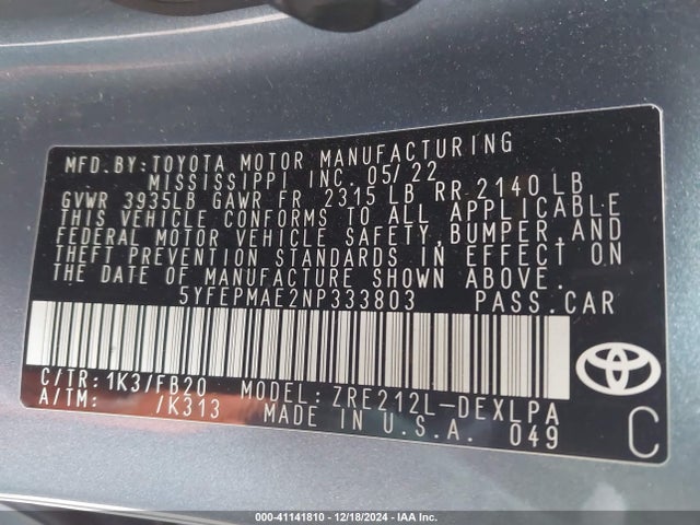 Toyota COROLLA LE 2022 5YFEPMAE2NP333803 Image 9