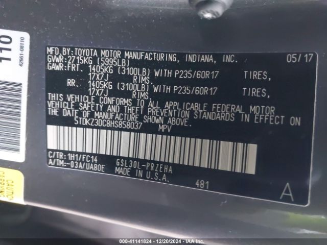 5TDKZ3DC8HS858037 Toyota Sienna Le 8 Passenger