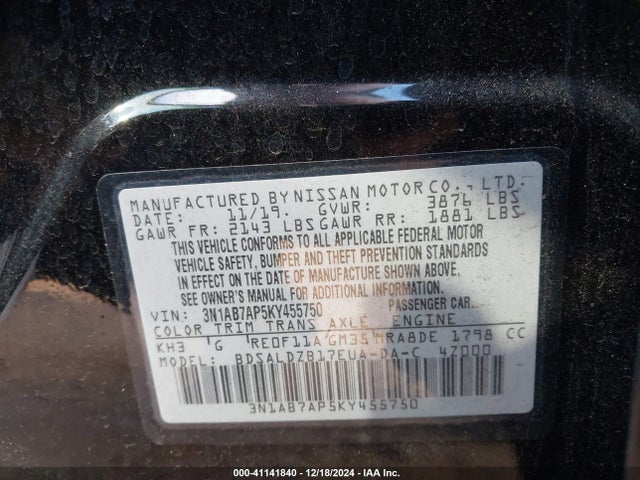 Nissan SENTRA SV 2019 3N1AB7AP5KY455750 Image 9