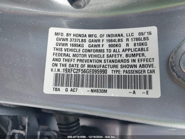 Honda Civic Lx 2016 19XFC2F56GE095990 Image 9