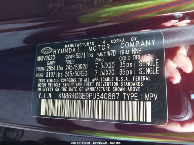 KM8R4DGE9PU640887 Hyundai Palisade Sel