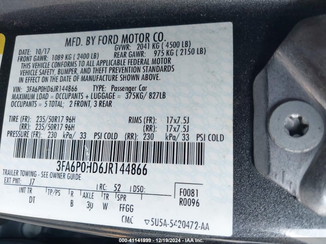 Ford FUSION SE 2018 3FA6P0HD6JR144866 Image 9