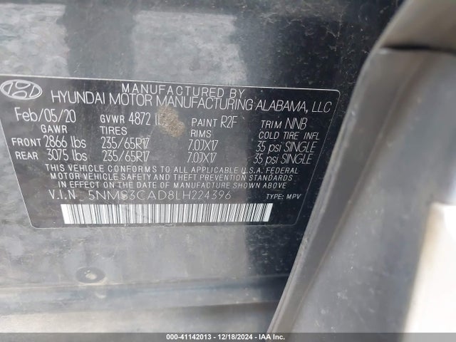 5NMS3CAD8LH224396 Hyundai Santa Fe Sel