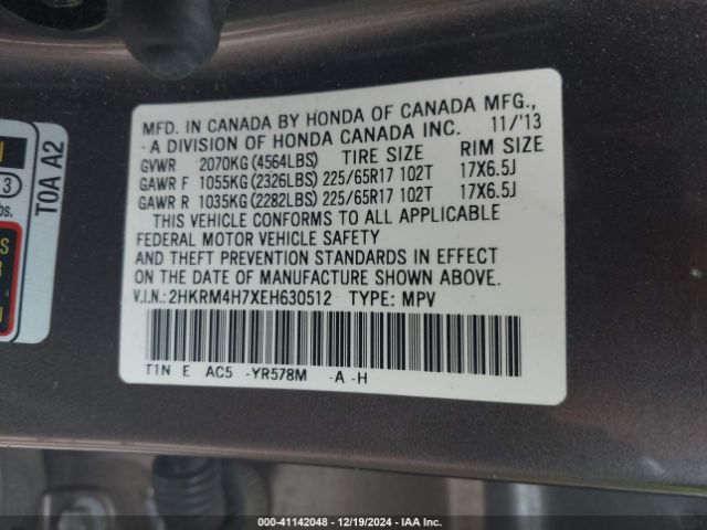 2HKRM4H7XEH630512 Honda Cr-v Ex-l