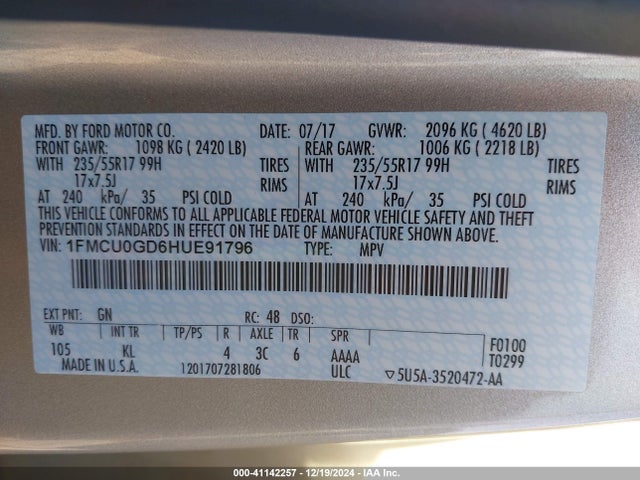 Ford ESCAPE SE 2017 1FMCU0GD6HUE91796 Image 9