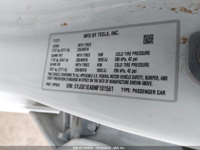 5YJ3E1EA8NF101561 Tesla Model 3 Rear-wheel Drive