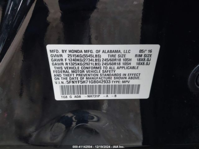 5FNYF5H71GB042933 Honda Pilot Ex-l