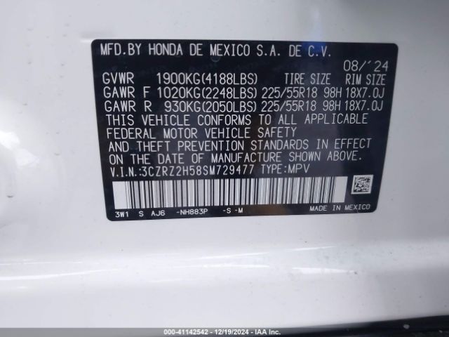 3CZRZ2H58SM729477 Honda Hr-v Awd Sport