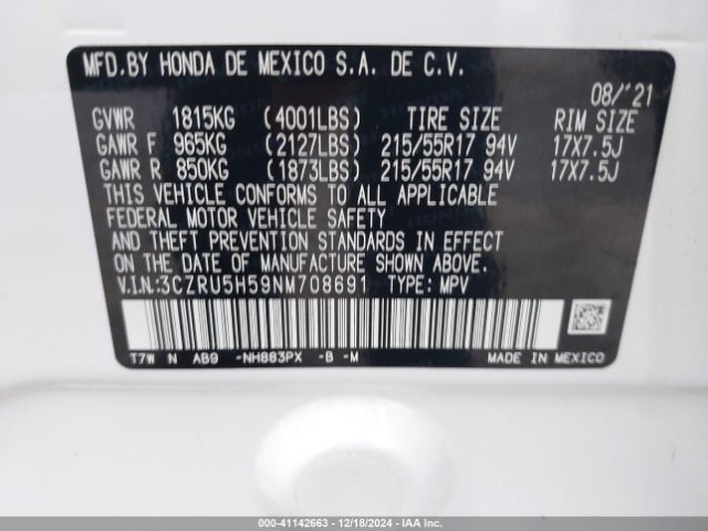 3CZRU5H59NM708691 Honda Hr-v 2wd Ex