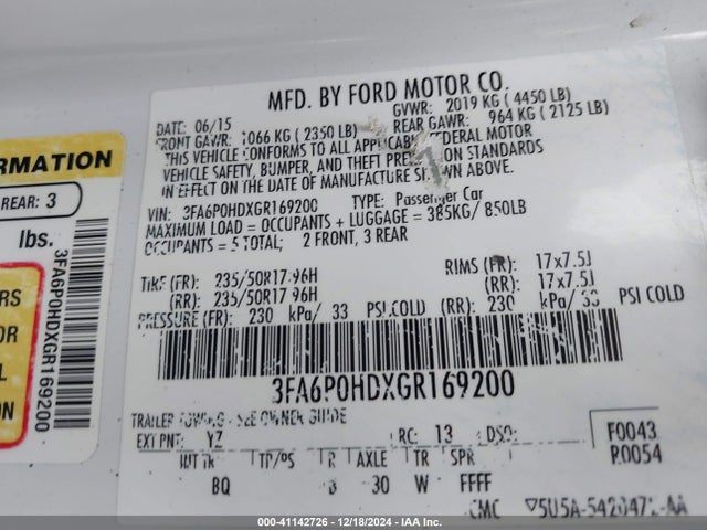 Ford FUSION SE 2016 3FA6P0HDXGR169200 Image 9