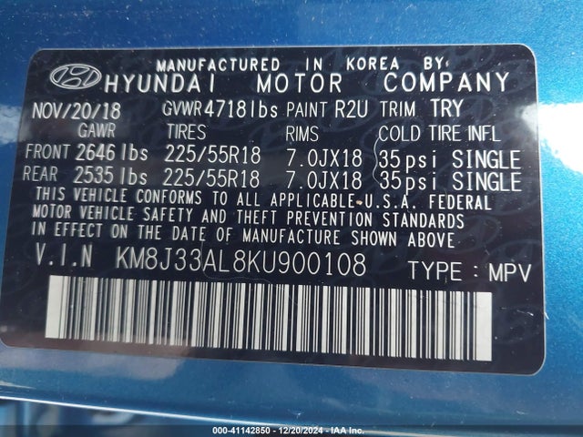 KM8J33AL8KU900108 Hyundai TUCSON SEL