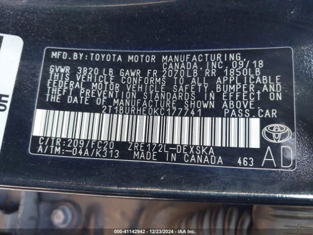 2T1BURHE0KC177741 Toyota Corolla L/le/xle/se/xse