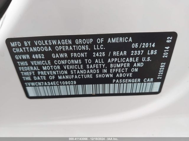 1VWCN7A34EC109029 Volkswagen Passat 2.0l Tdi Sel Premium
