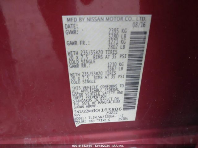 5N1AZ2MH3GN163806 Nissan Murano Platinum