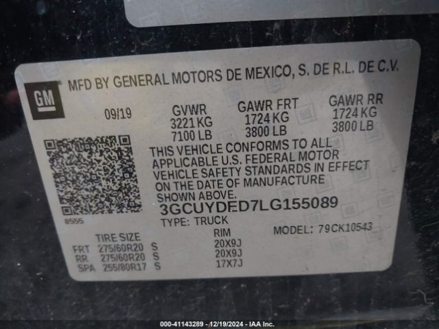 3GCUYDED7LG155089 Chevrolet Silverado 1500 4wd  Short Bed Lt