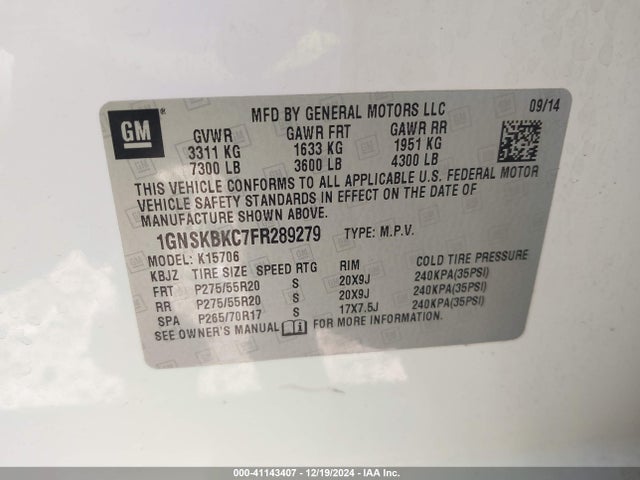 Chevrolet Tahoe Lt 2015 1GNSKBKC7FR289279 Image 9