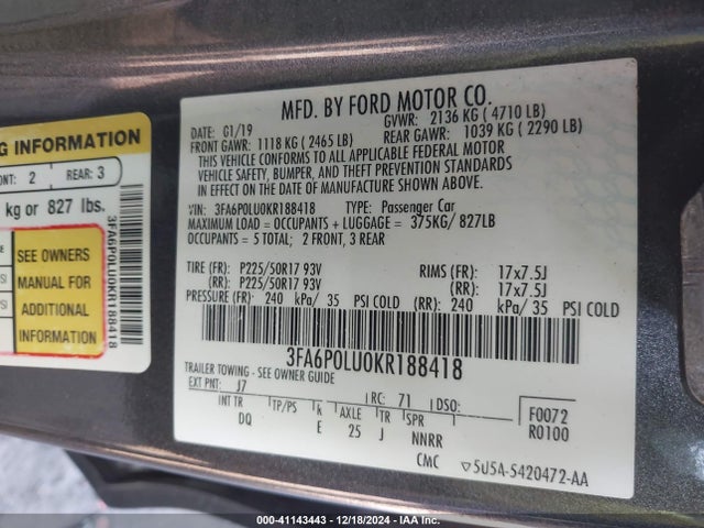 Ford Fusion Hybrid Se 2019 3FA6P0LU0KR188418 Image 9