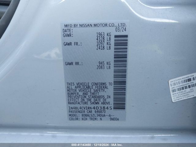 1N4BL4CV1RN403845 Nissan Altima Sr Fwd