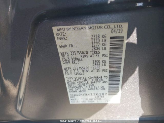 5N1AZ2MJ5KN136182 Nissan MURANO SL