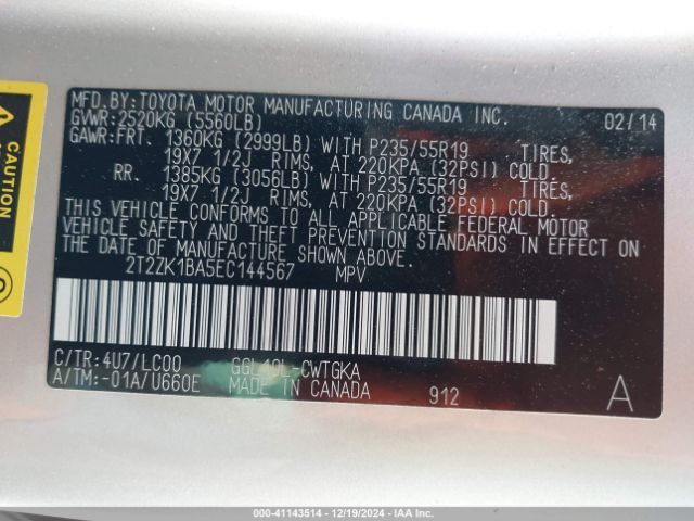 2T2ZK1BA5EC144567 Lexus RX 350