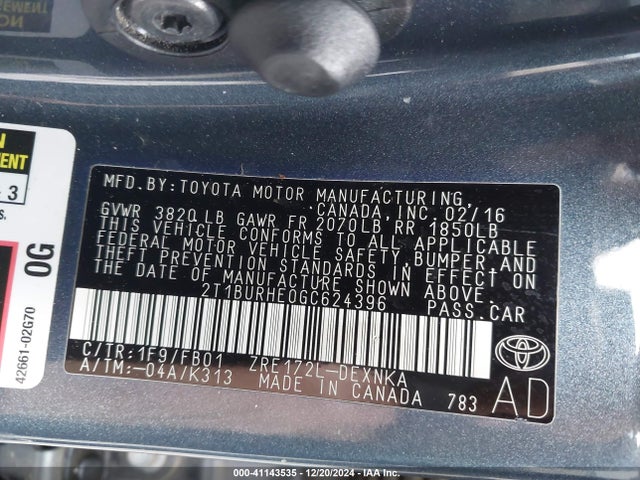 2T1BURHE0GC624396 Toyota COROLLA LE