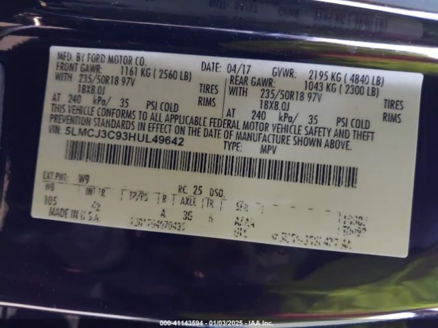 5LMCJ3C93HUL49642 Lincoln Mkc Reserve