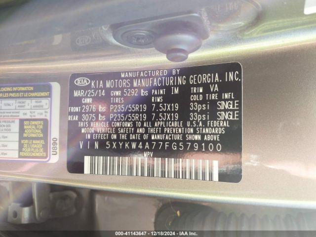 5XYKW4A77FG579100 KIA Sorento Limited V6