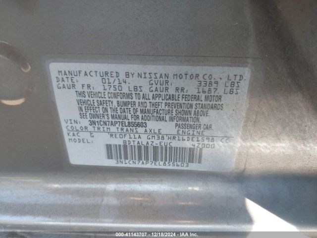 3N1CN7AP7EL855603 Nissan Versa 1.6 S+