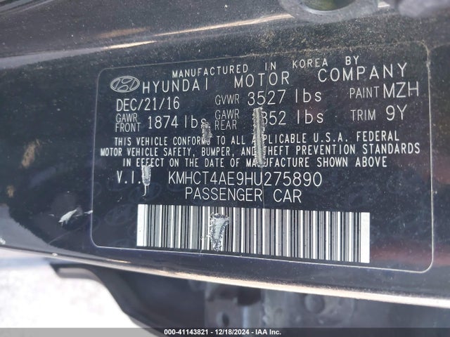 KMHCT4AE9HU275890 Hyundai ACCENT SE