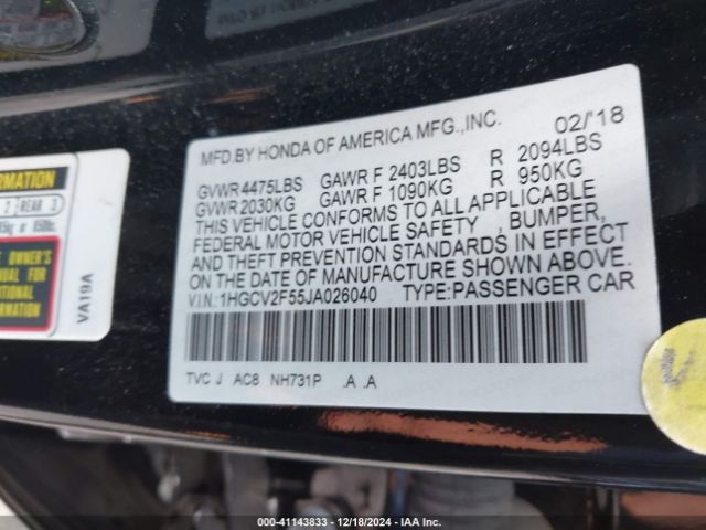 1HGCV2F55JA026040 Honda Accord Ex-l 2.0t