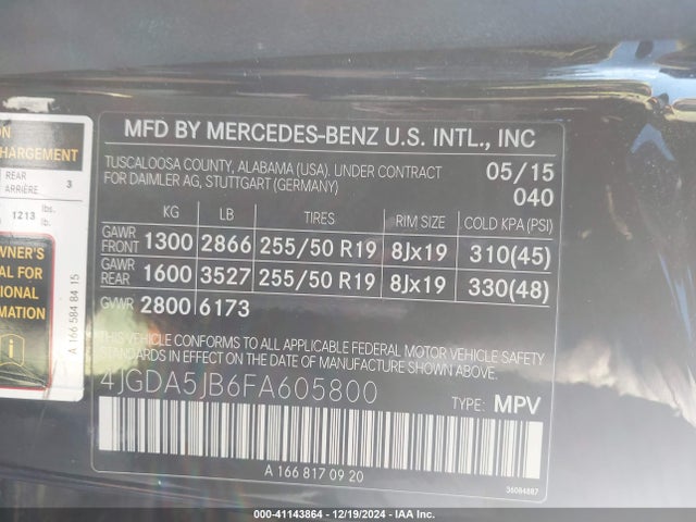 4JGDA5JB6FA605800 Mercedes-Benz ML 350