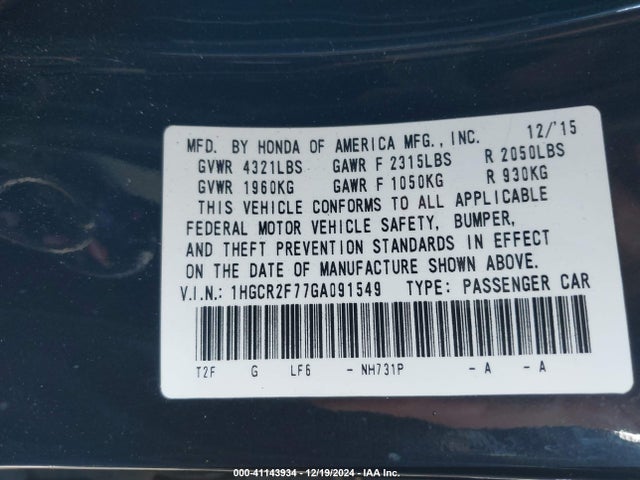 Honda ACCORD EX 2016 1HGCR2F77GA091549 Image 9