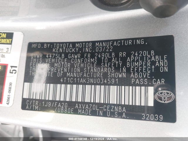 Toyota CAMRY LE 2022 4T1C11AK3NU034591 Image 9