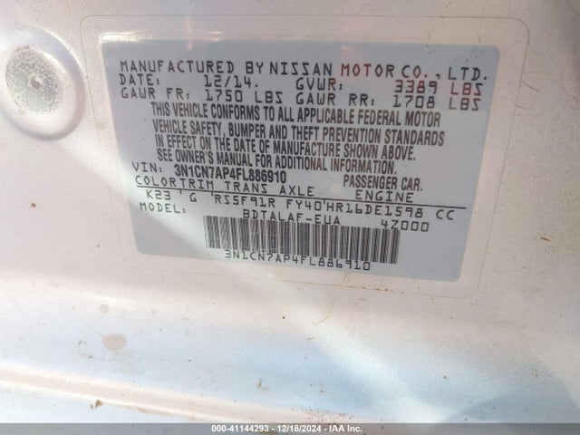Nissan Versa 1.6 S 2015 3N1CN7AP4FL886910 Image 9