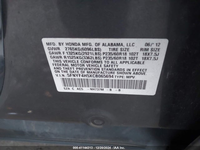 Aukcja sprzedaży 2012 Honda Pilot Ex-l, vin: 5FNYF4H5XCB065694, numer aukcji: 41144313