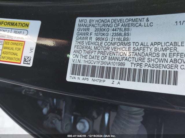 1HGCV1F3XNA101989 Honda Accord Sport