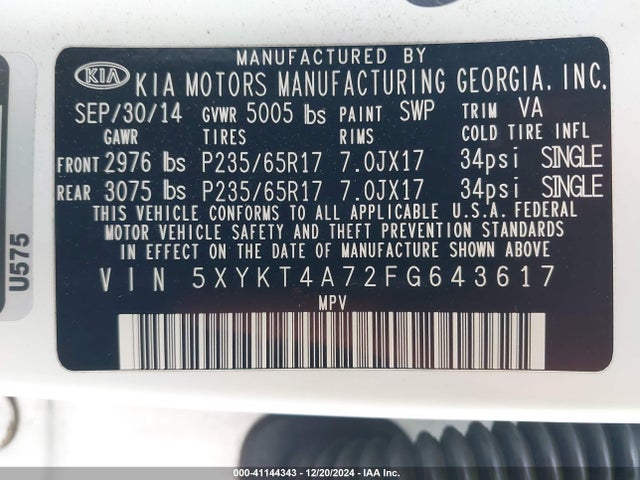 KIA Sorento Lx V6 2015 5XYKT4A72FG643617 Image 9