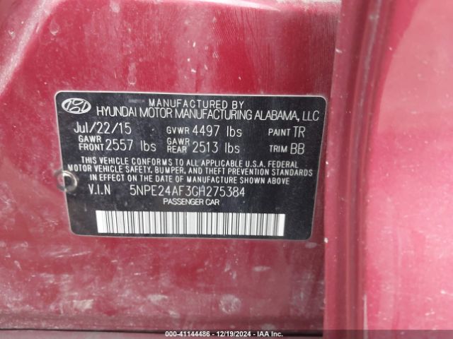 5NPE24AF3GH275384 Hyundai SONATA SE