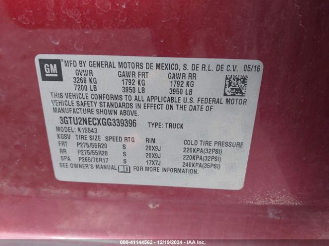 3GTU2NECXGG339396 GMC Sierra 1500 Slt
