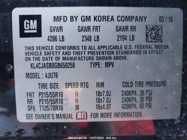 KL4CJASB0GB650258 Buick Encore
