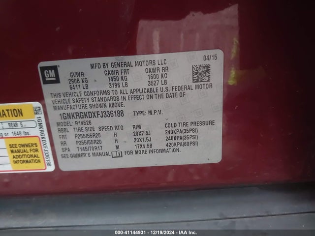 Chevrolet Traverse 1lt 2015 1GNKRGKDXFJ336188 Image 9
